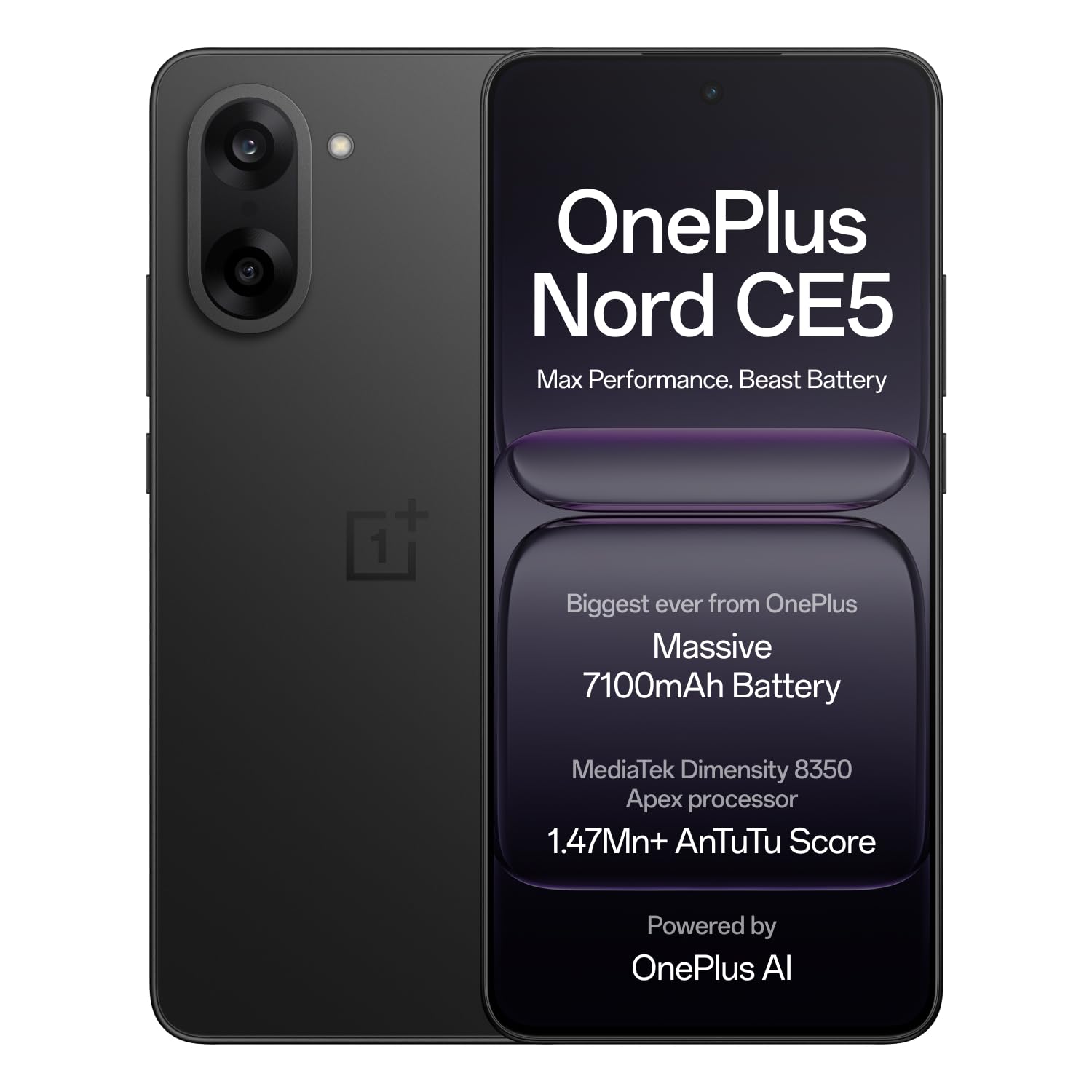 OnePlus Nord CE5 | Massive 7100mAh Battery | MediaTek Dimensity 8350 Apex | Powered by OnePlus AI | 8GB + 128GB | Black Infinity