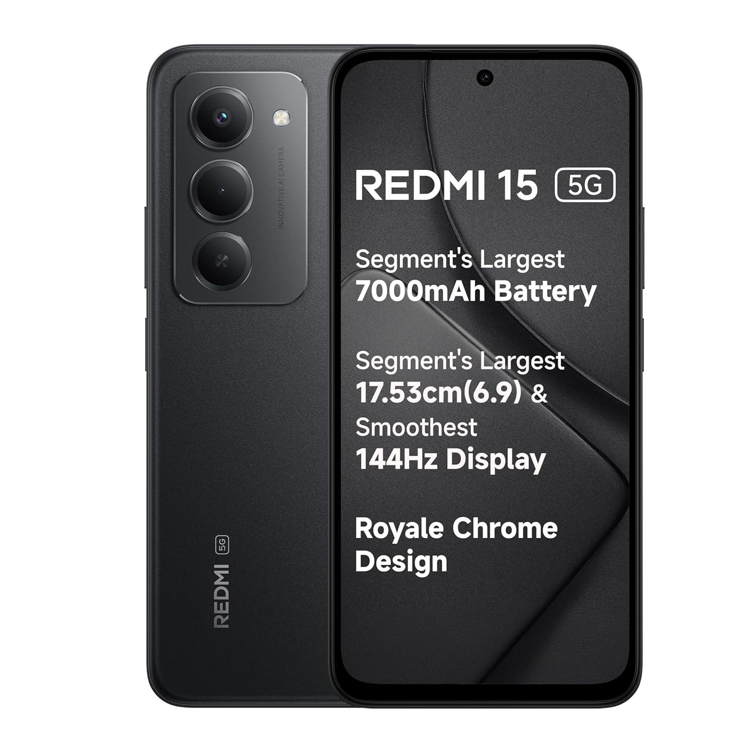 Redmi 15 5G Midnight Black 8GB + 256GB | Segment’s Largest 7000mAhA Battery | Segment’s Largest Display 17.53cm(6.9) Up to 144Hz | Snapdragon 6s Gen 3 | 18W Reverse Charging | 50MP AI Dual Camera