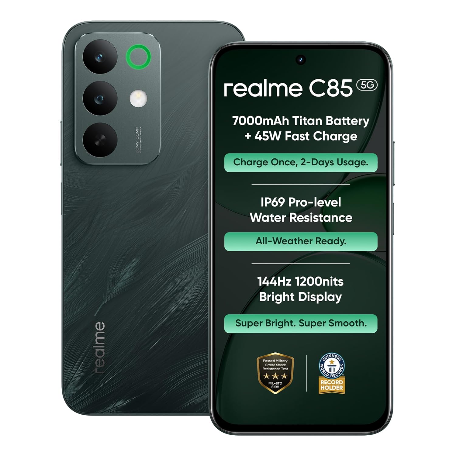 realme C85 5G Smartphone 4+128GB Green, 6.8inch Screen, 144HZ Vision Display, 45W Fast Charge, 7000mAh Battery, 4+50MP Camera, MediaTek Dimensity 6300, IP69