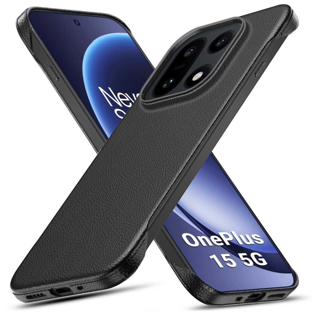 TheGiftKart Hybrid Ultimate Slim Back Case Cover for OnePlus 15 5G | Lightweight Profile | Hard Back Case Cover for OnePlus 15 5G (PC & TPU, Metal Camera Ring, Leather Texture Finish, Black)