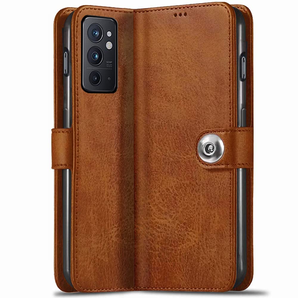 TheGiftKart Genuine Leather Finish OnePlus 9RT 5G Flip Back Cover Case | Inbuilt Pockets & Stand | Wallet Style | Designer Button Magnet Flip Cover Back Case for OnePlus 9RT 5G (Brown)