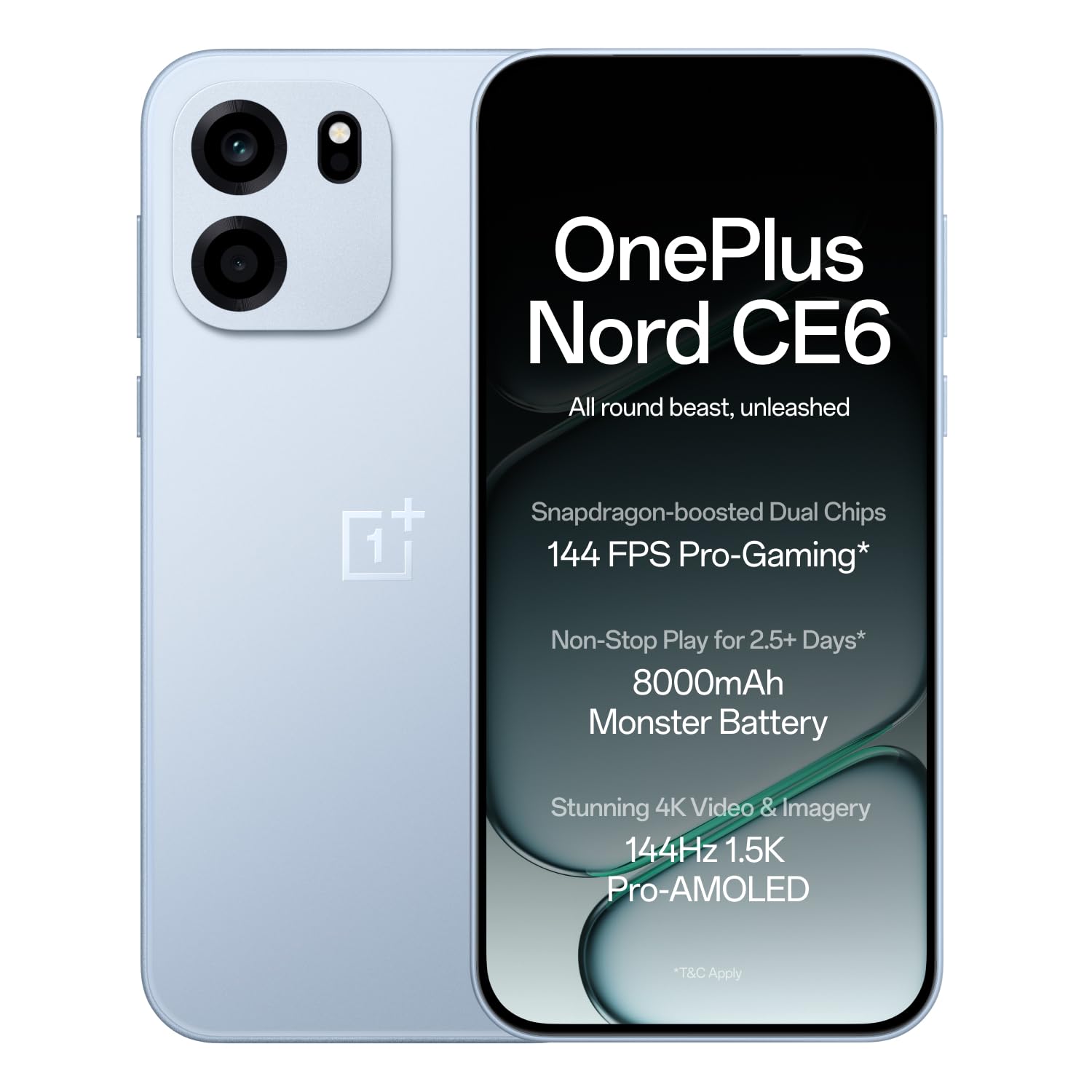 OnePlus Nord CE6 | 8GB+128GB | Fresh Blue | Snapdragon 7s Gen 4 | Segment’s Fastest Touch Response | 8000mAh Battery | 144Hz 1.5K AMOLED Display | 50MP Main + 32MP Selfie 4K Cameras | IP66,68,69,69K